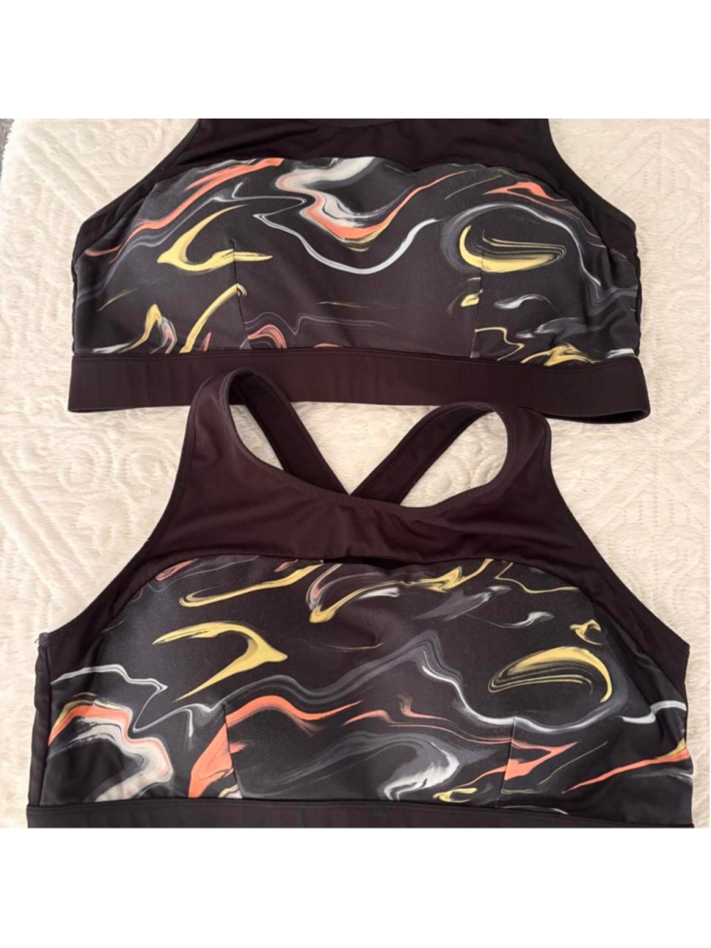 (2) Crane Sports Bra XL Padded Wire-Free Black Abstract Print Athletic Gym Yoga